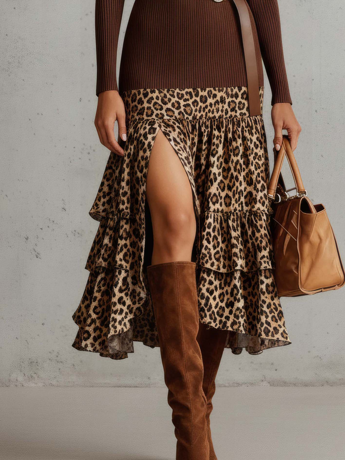 Brown Knitted Midi Dress With Leopard Print Ruffles And Belt