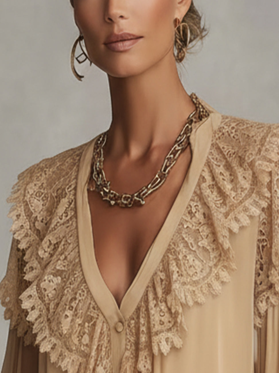 Champagne Lace-Trim Ruffled V-Neck Long-Sleeve Blouse