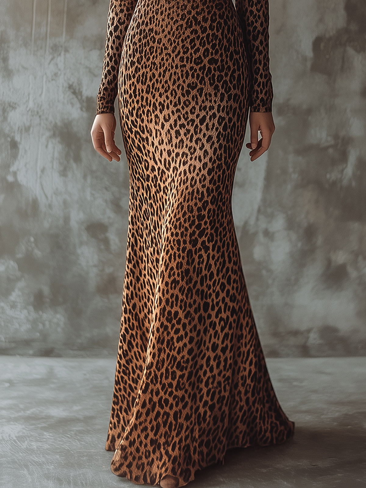 Brown Leopard Print Gradient Knit Bodycon V-Neck Long Sleeve Maxi Dress