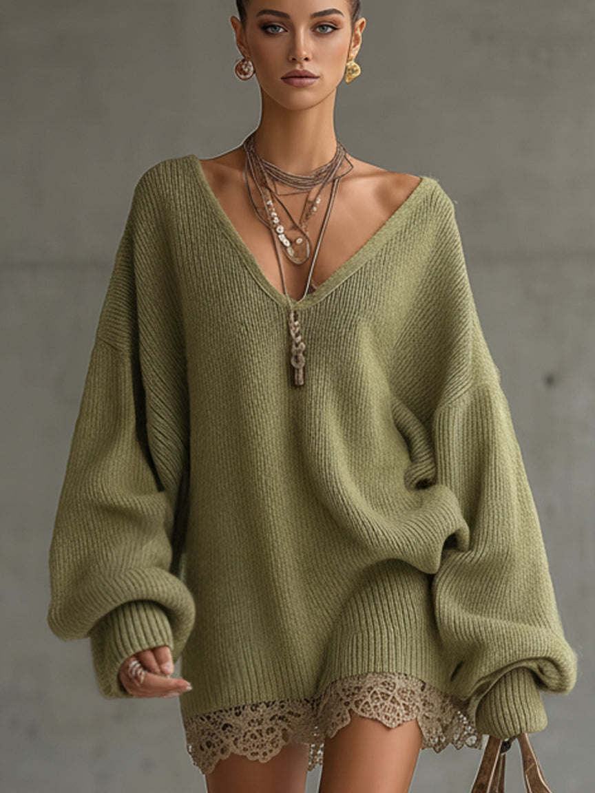 Olive Knit Loose Fit Lace Hem Mini Dress