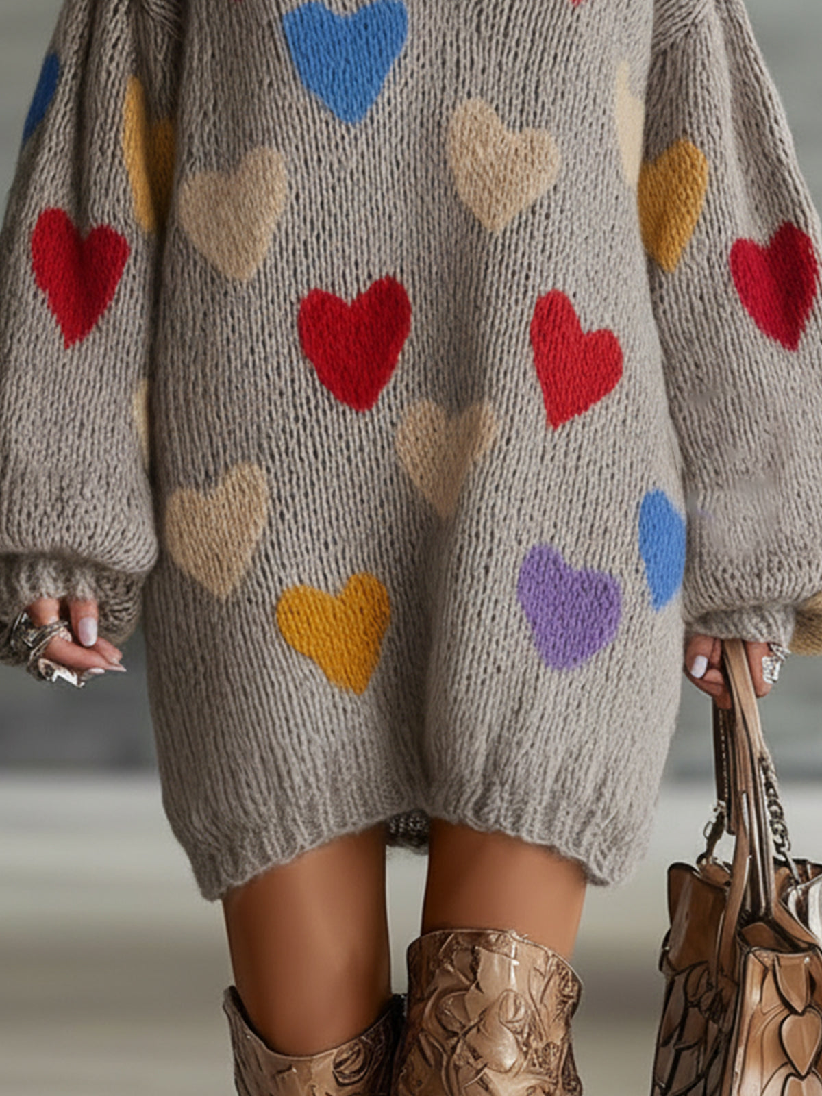 Gray Multicolor Heart Pattern Oversized V‑Neck Sweater Dress