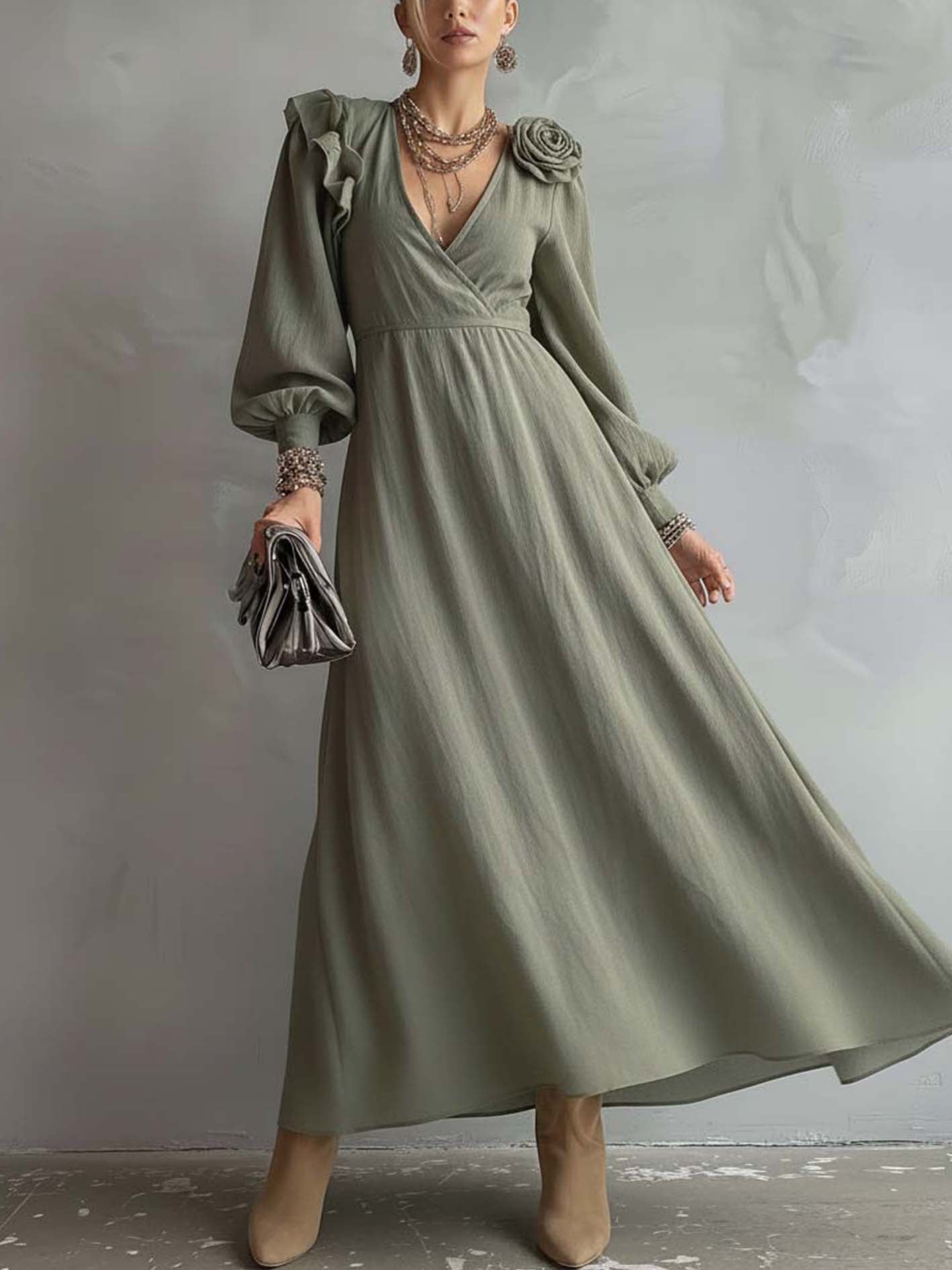 Green Ruffled 3D Flower Trim Faux Linen Maxi Dress With Puff Sleeves