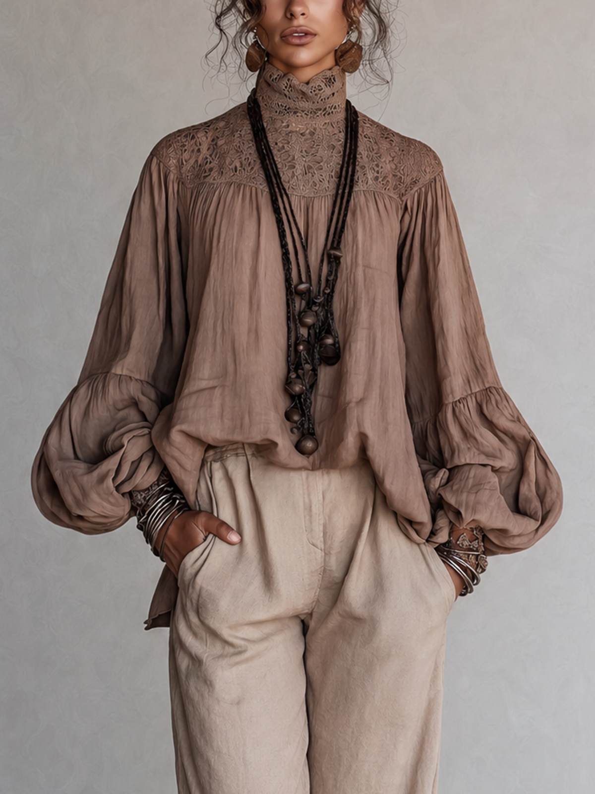 Mocha Lace High Neck Balloon Long Sleeve Blouse