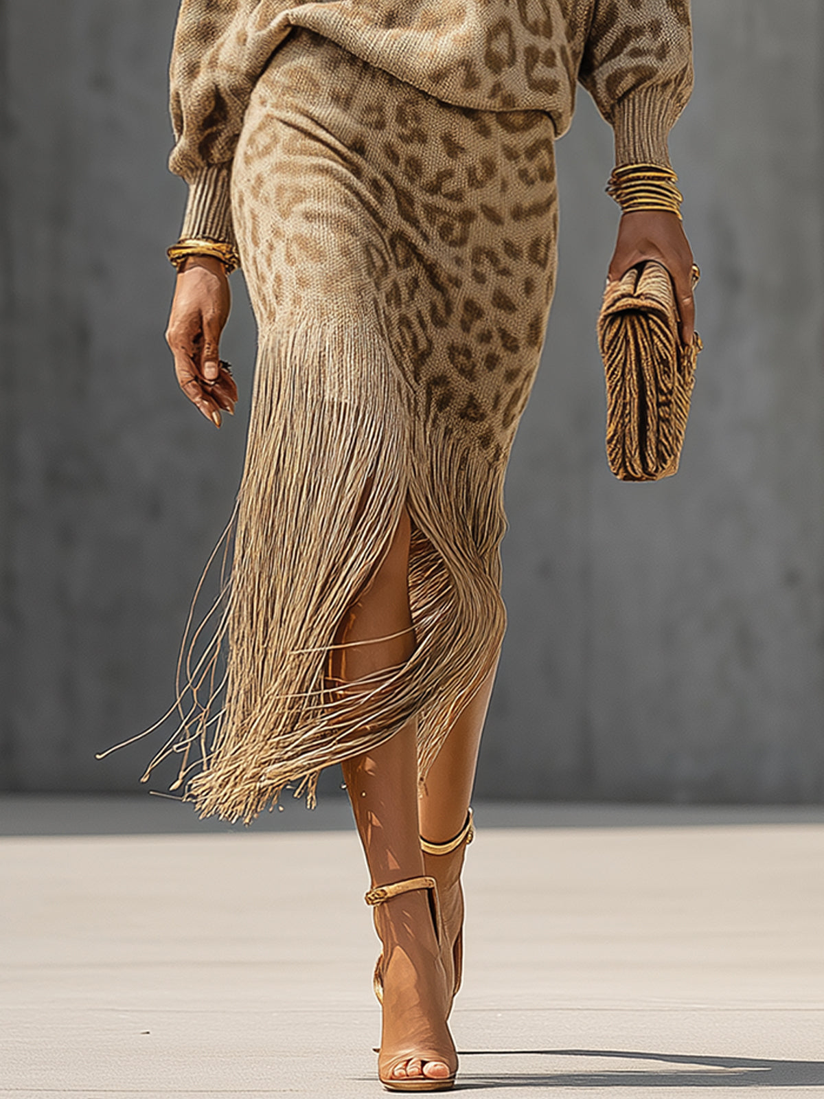 Khaki Leopard Print Knit Turtleneck Fringe Midi Dress