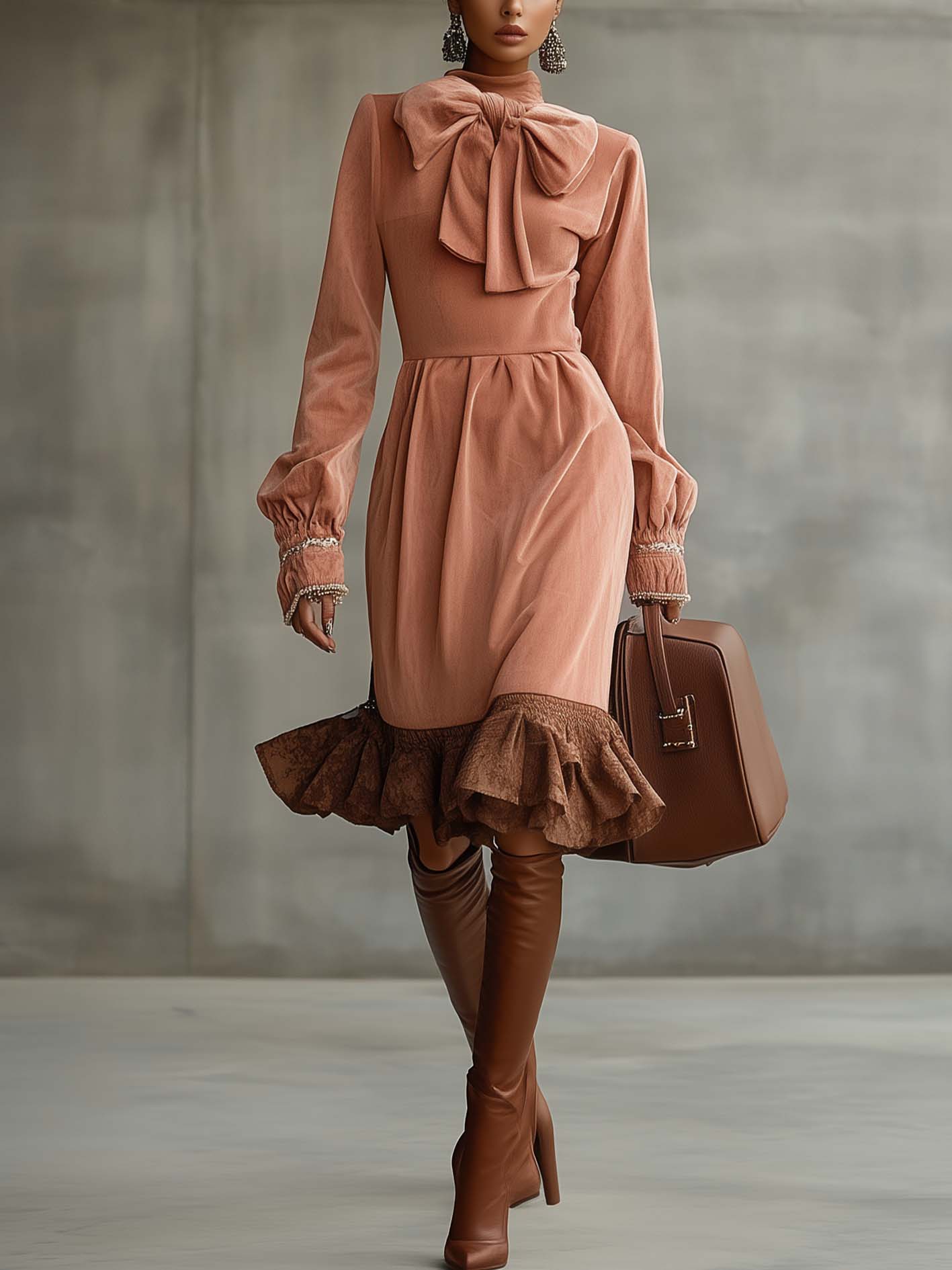 Light Pink Velvet Midi Dress With Lace And Bow