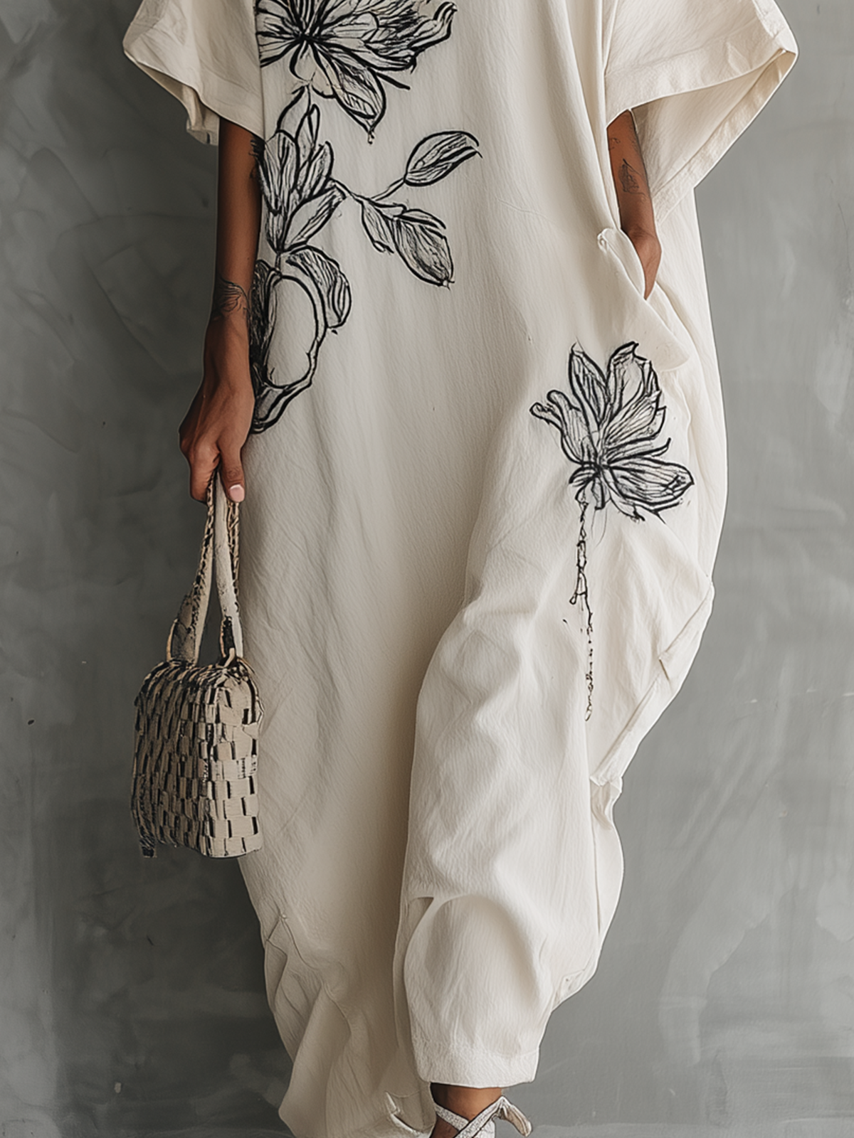 White Floral Embroidered High-Neck Batwing Maxi Dress