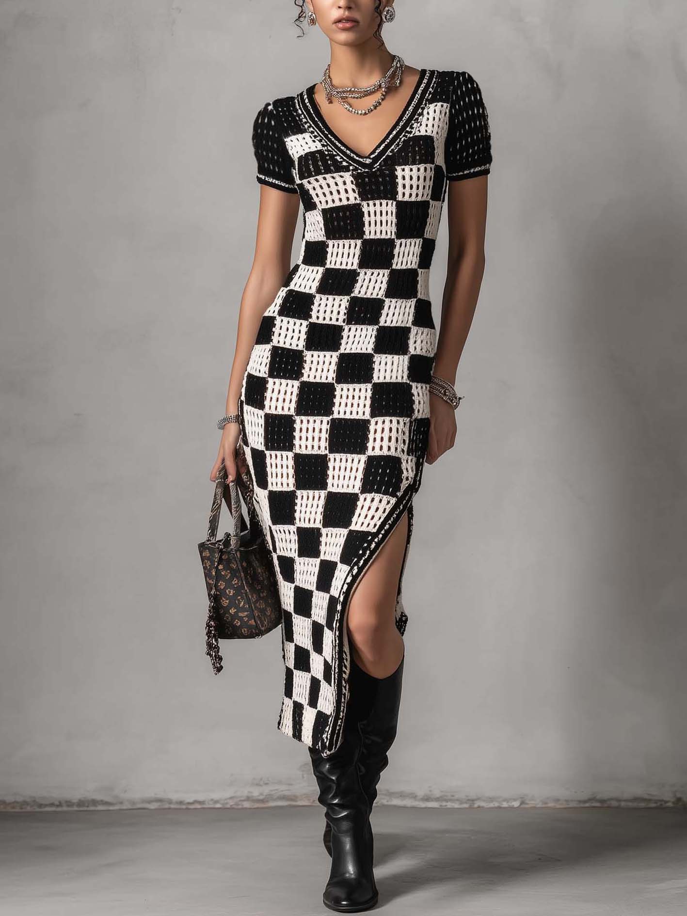Black Checkered Textured Knit Bodycon Dress With Side Slit