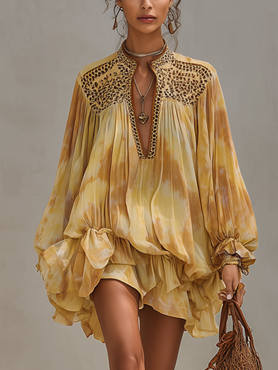 Yellow Tie Dye Embroidered Loose Long Sleeve Mini Dress