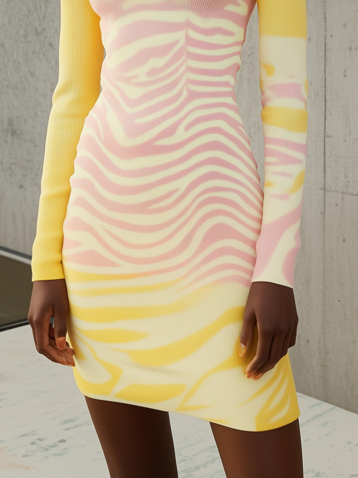 Yellow And Pink Ombre Knit Bodycon Boatneck Long Sleeve Mini Dress