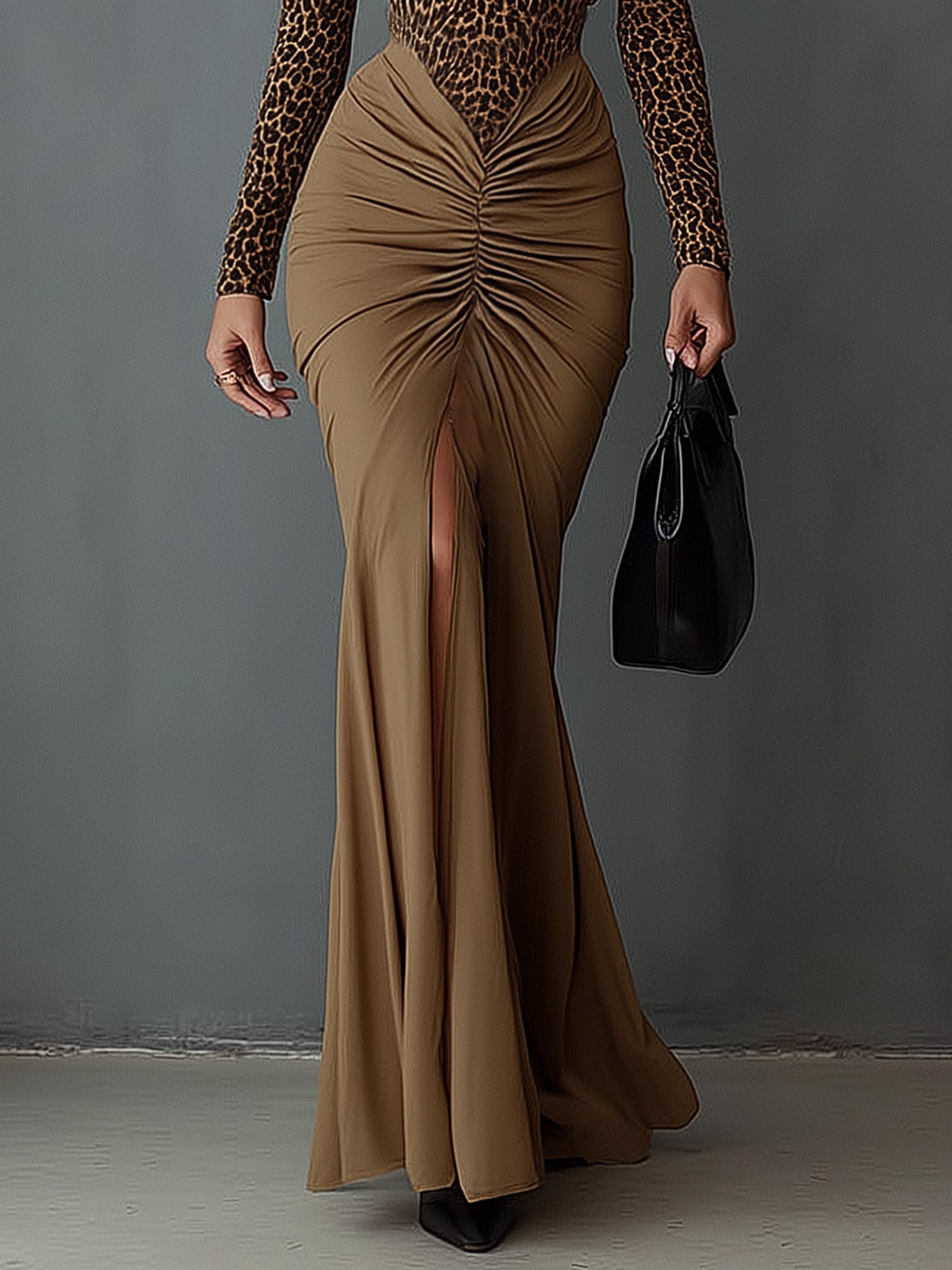 Brown Leopard Print Pleated Deep V-Neck Maxi Dress