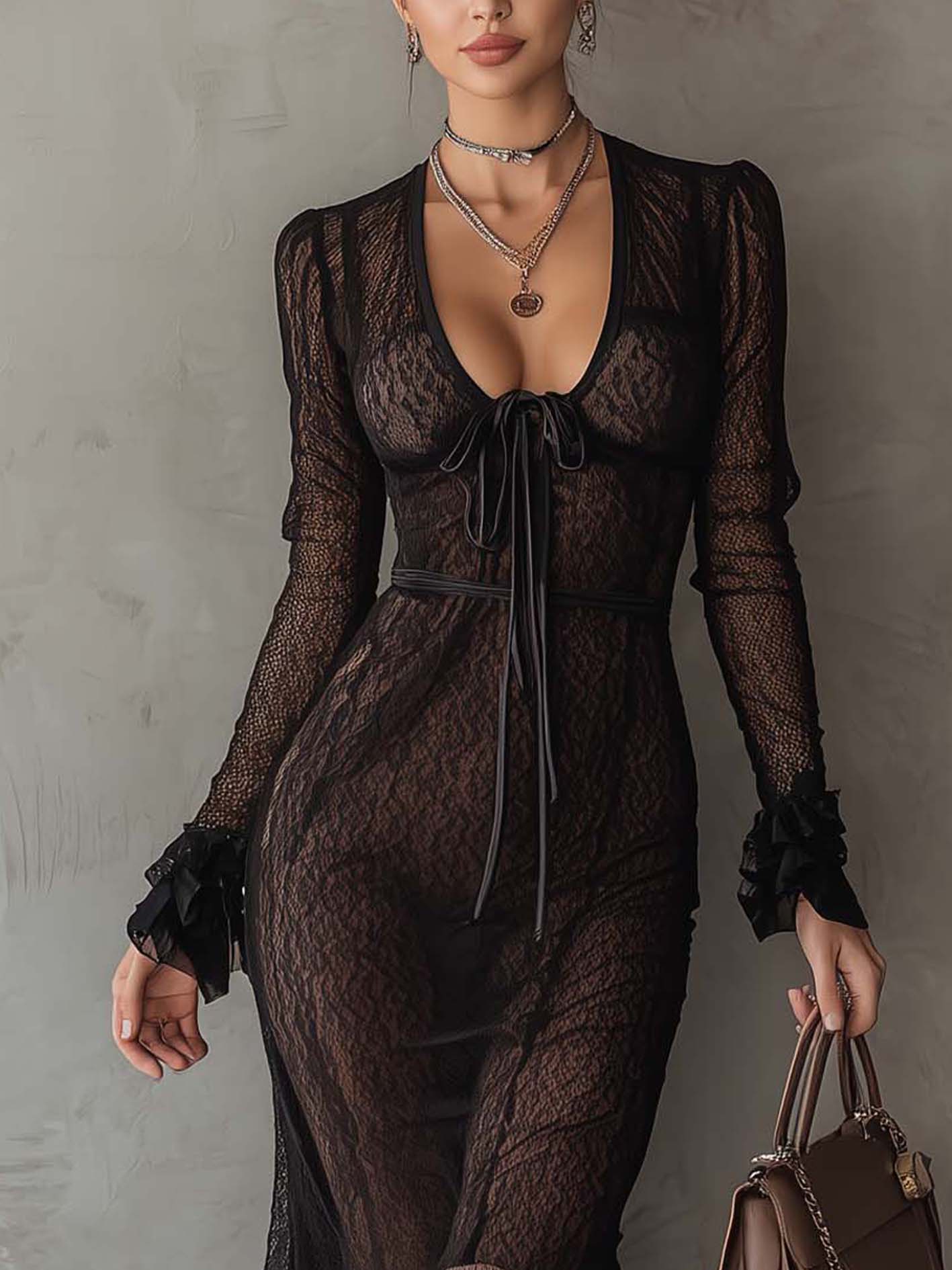 Black Lace Bodycon Maxi Dress With Brown Pleated Hem