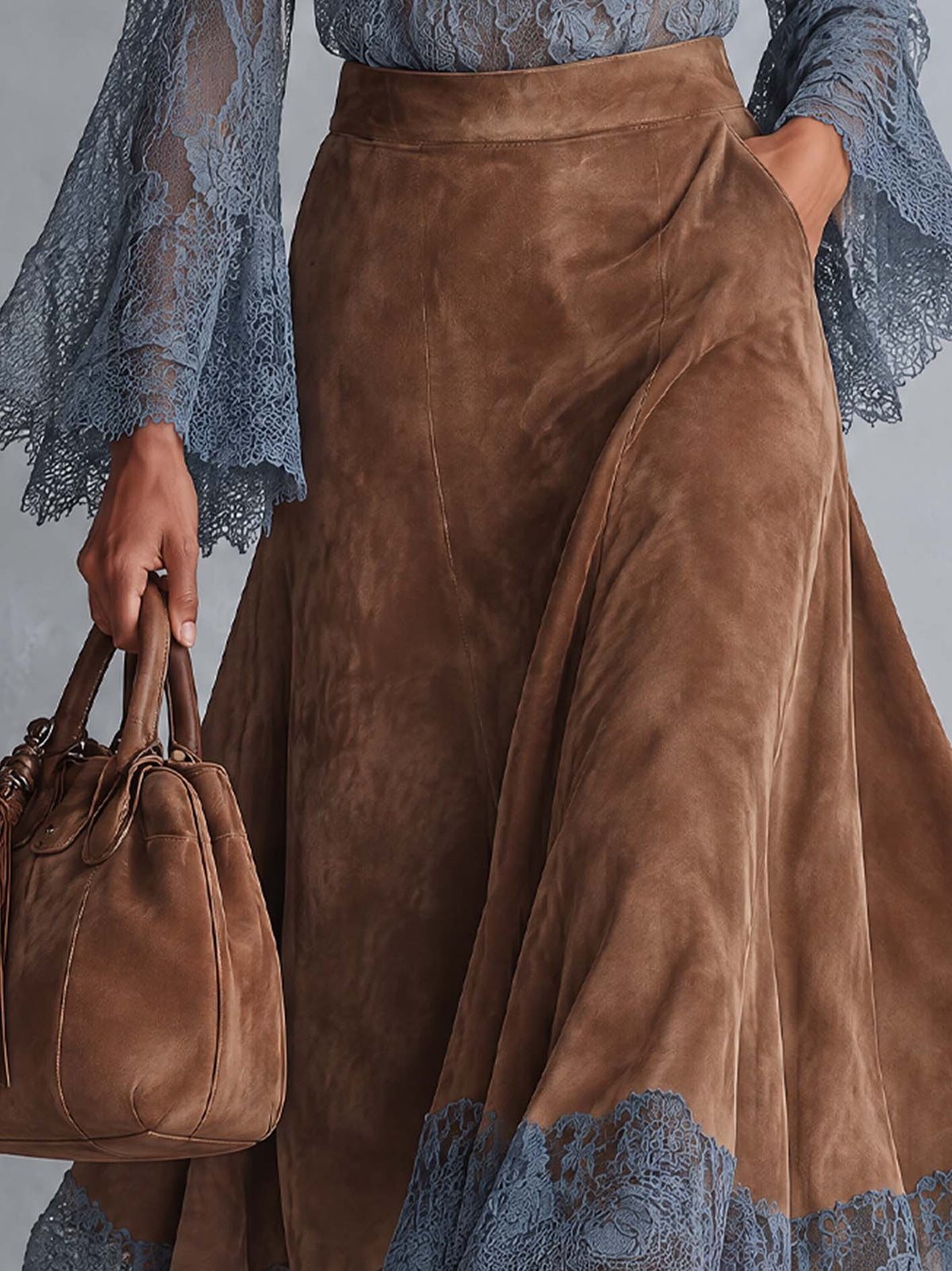Camel Faux Suede Lace-Hem Midi Skirt