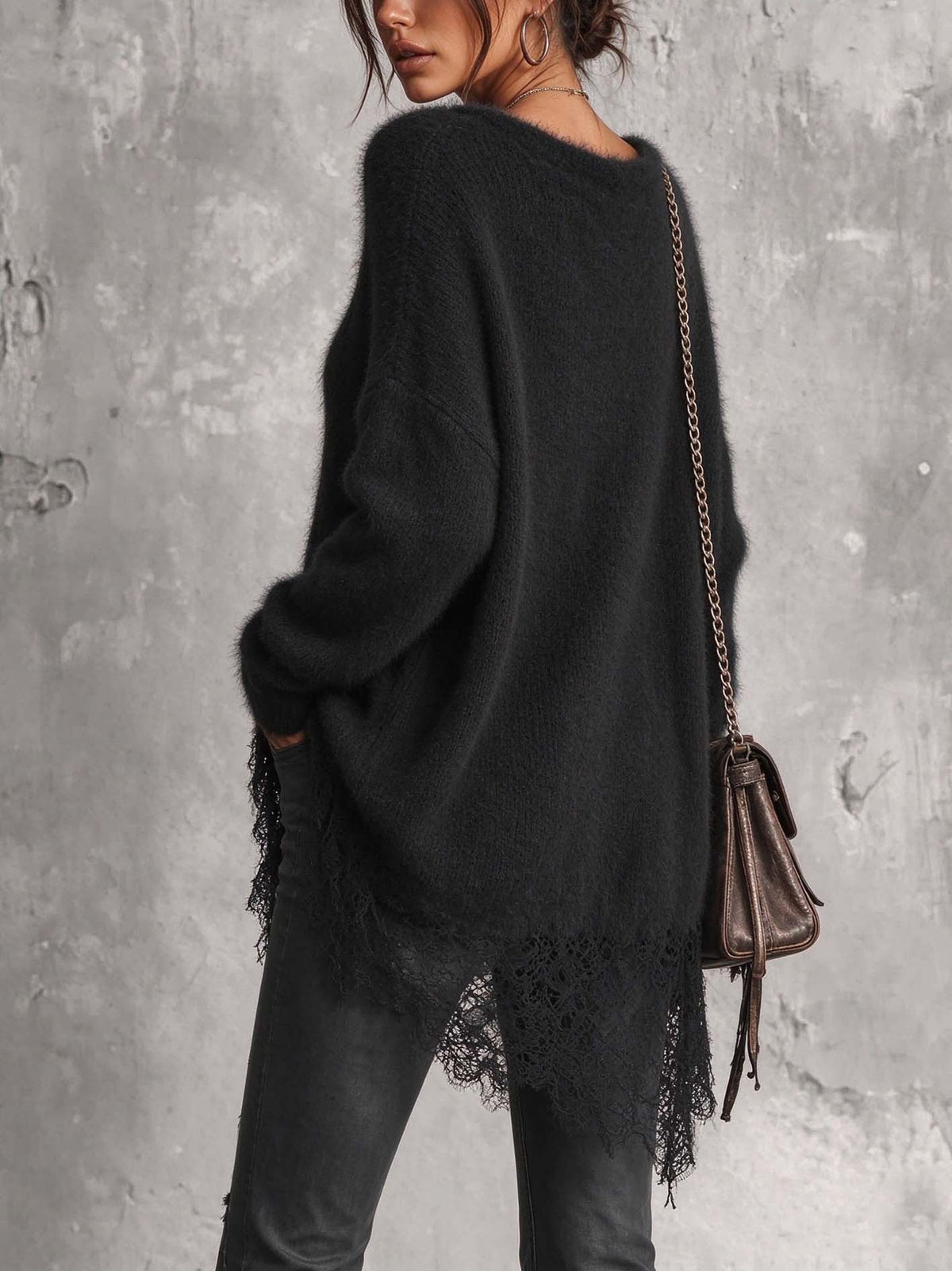 Black Fuzzy Mohair Sweater With Draped Cowl Neck And Asymmetric Lace Hem