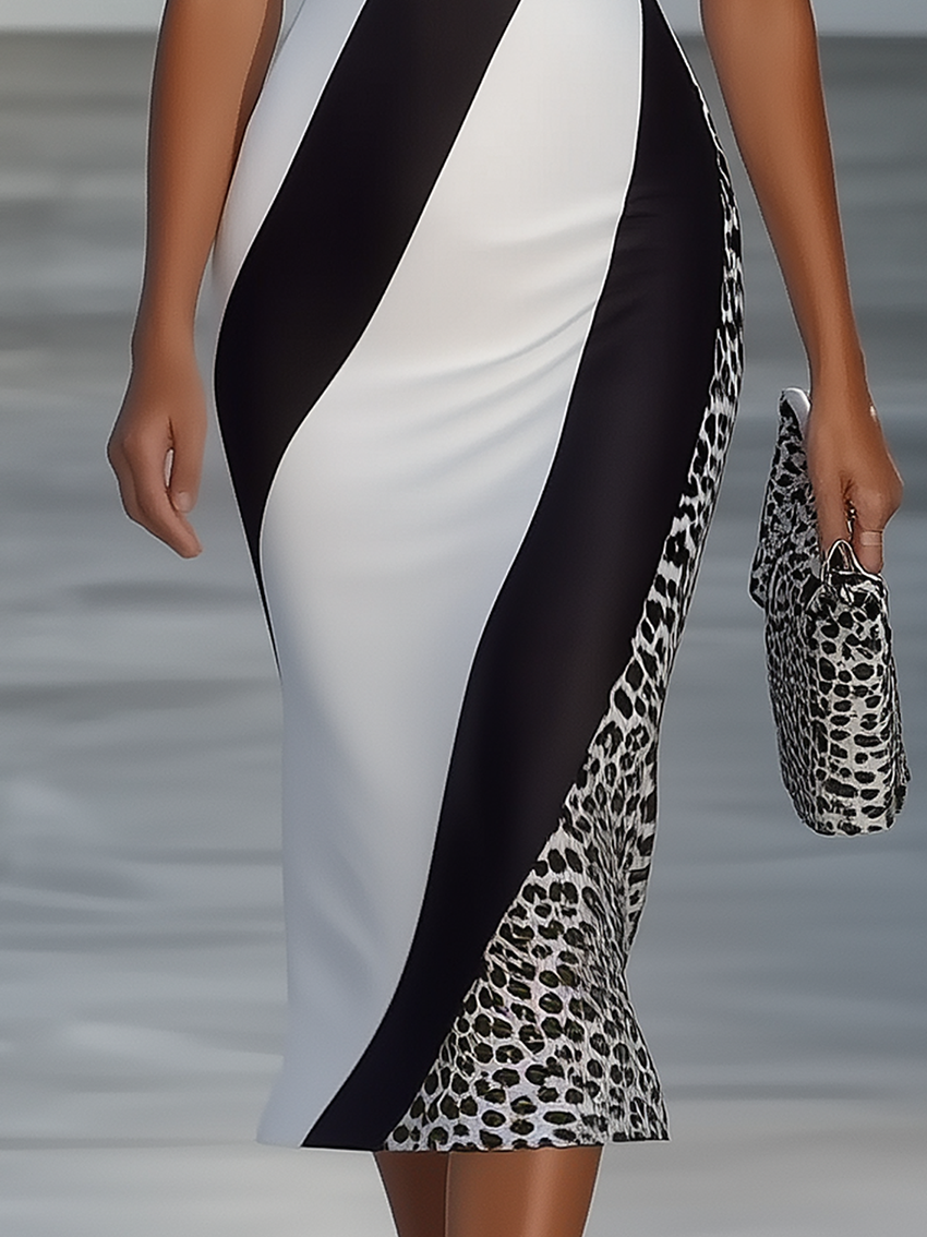 Sleeveless White Satin Midi Bodycon Dress With Bold And Leopard Print