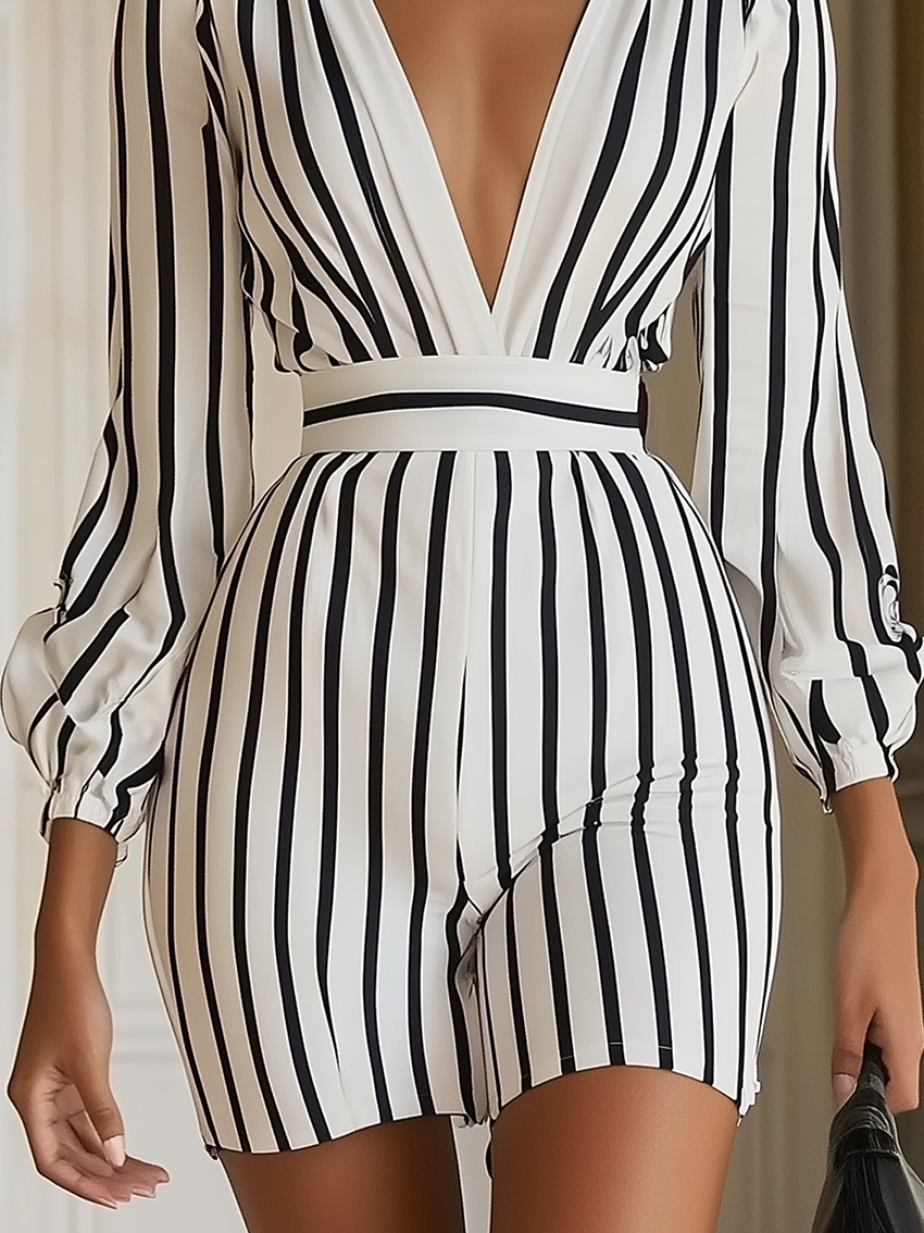 Stylish White Jumpsuit With Black Stripes