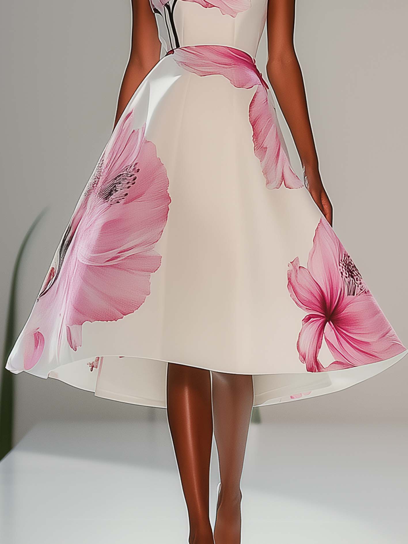 White Midi Dress With Pink Flower Print