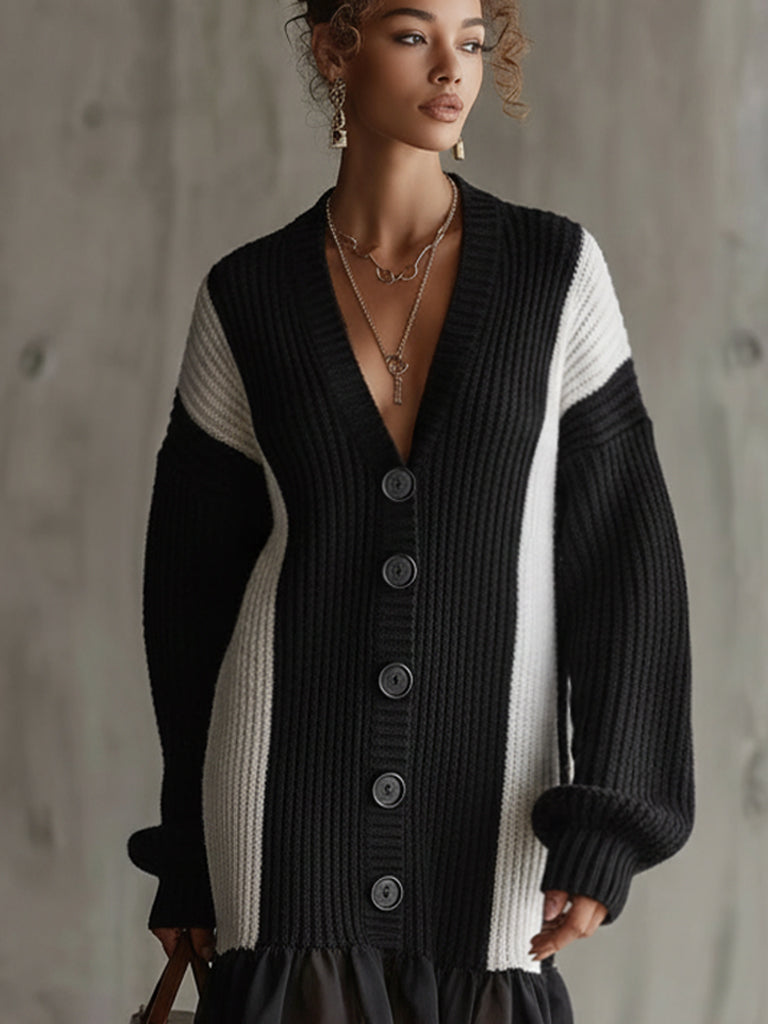 Black And White Knit Button-Up Ruffle Mini Dress