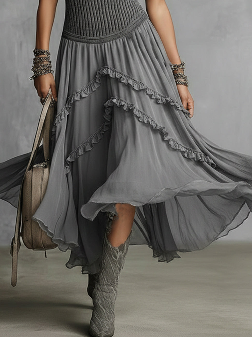 Gray Sleeveless Knit-Bodice Ruffled Chiffon Maxi Dress