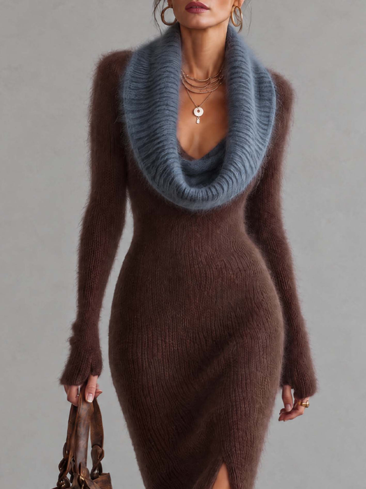 Chocolate Brown Fuzzy Mohair Bodycon Maxi Dress With Contrast Slate Blue Cowl Neck