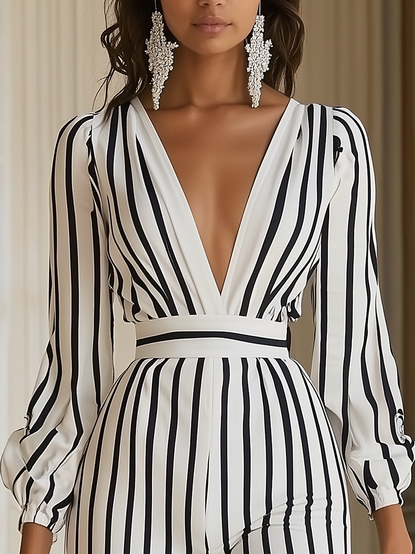 Stylish White Jumpsuit With Black Stripes