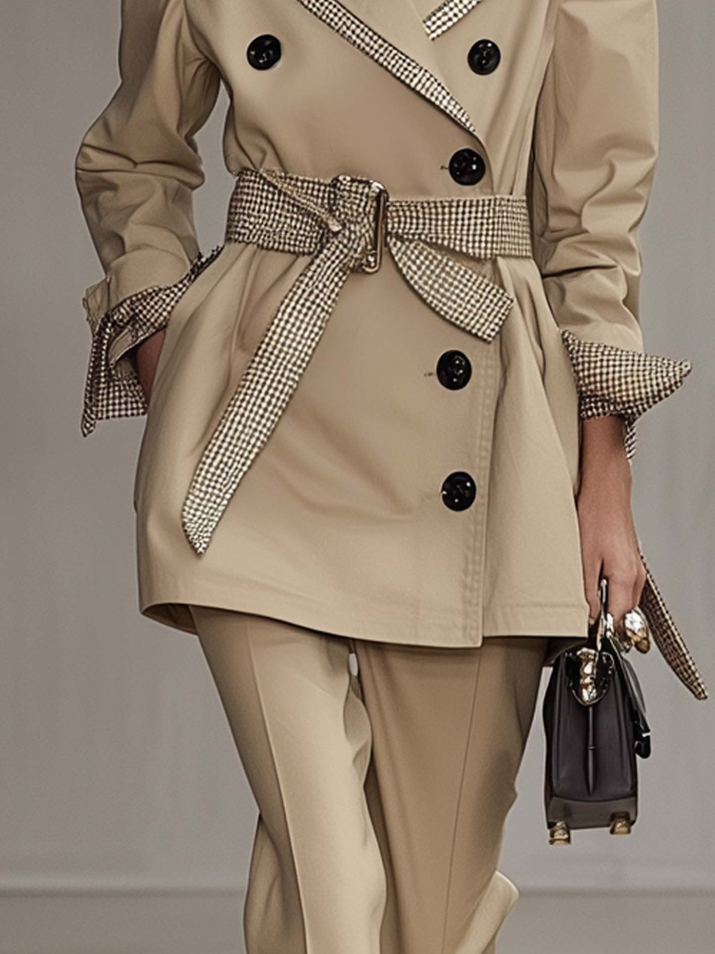 Belted Khaki Trench Coat With Stylish Webbing Panels
