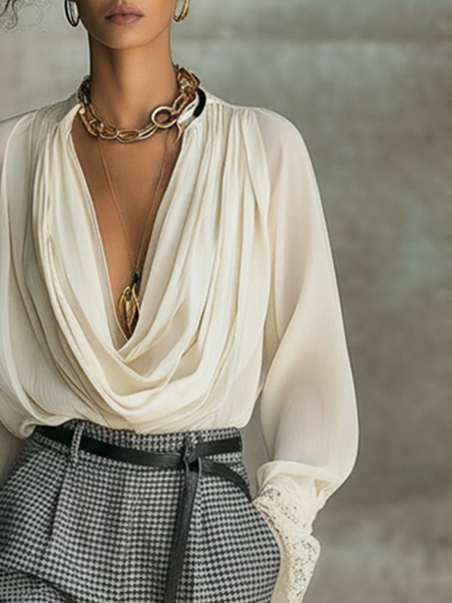 Ivory Deep V-Neck Chiffon Loose Blouse With Lace Cuffs