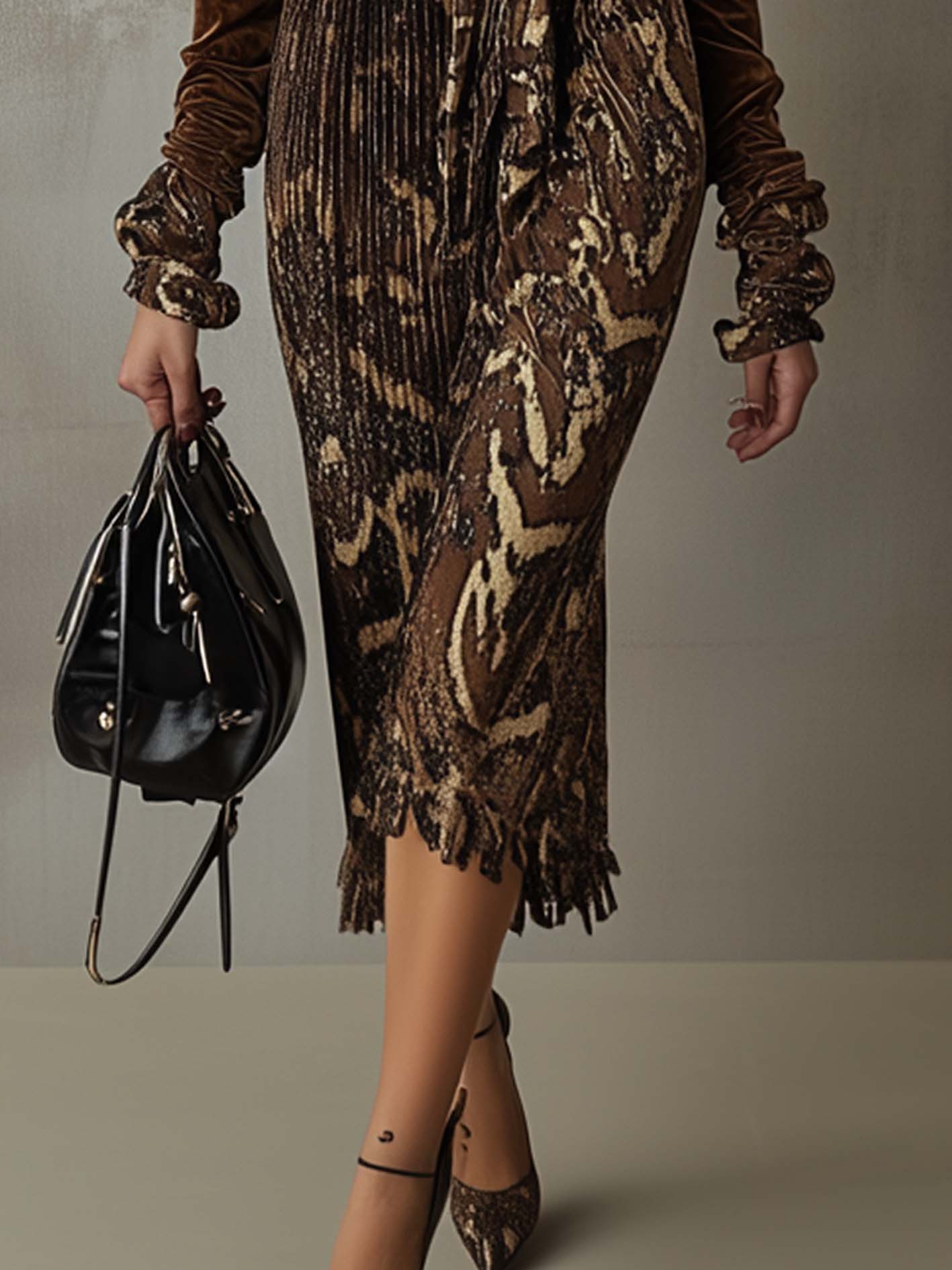 Dark Brown Velvet Midi Bodycon Dress With Fashionable Animal Print