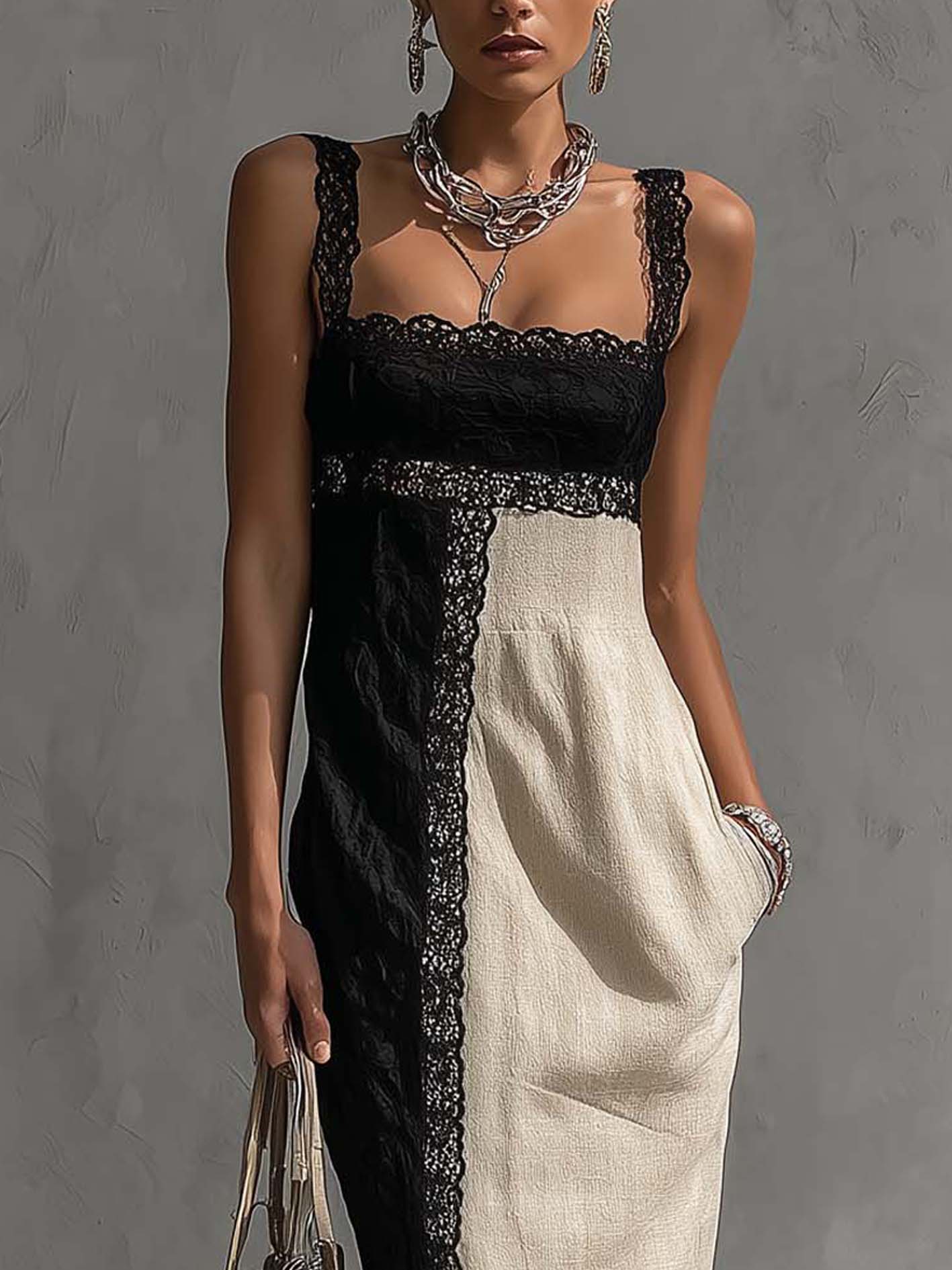 Black And Beige Patchwork Lace Trim Cotton Linen Maxi Dress