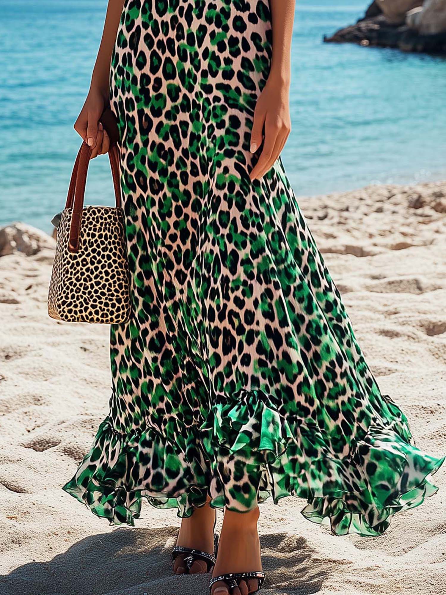 Green Chiffon Sleeveless Maxi Dress With Pink Leopard Print
