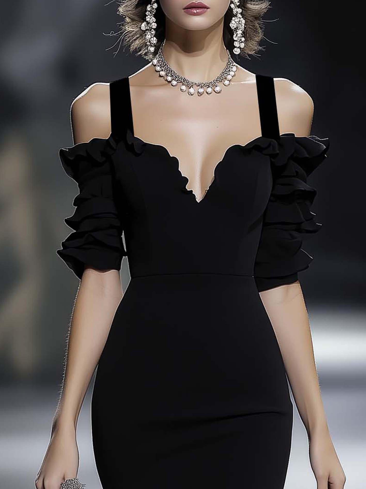 Black Midi Bodycon Dress With Straps And Stylish Sleeves