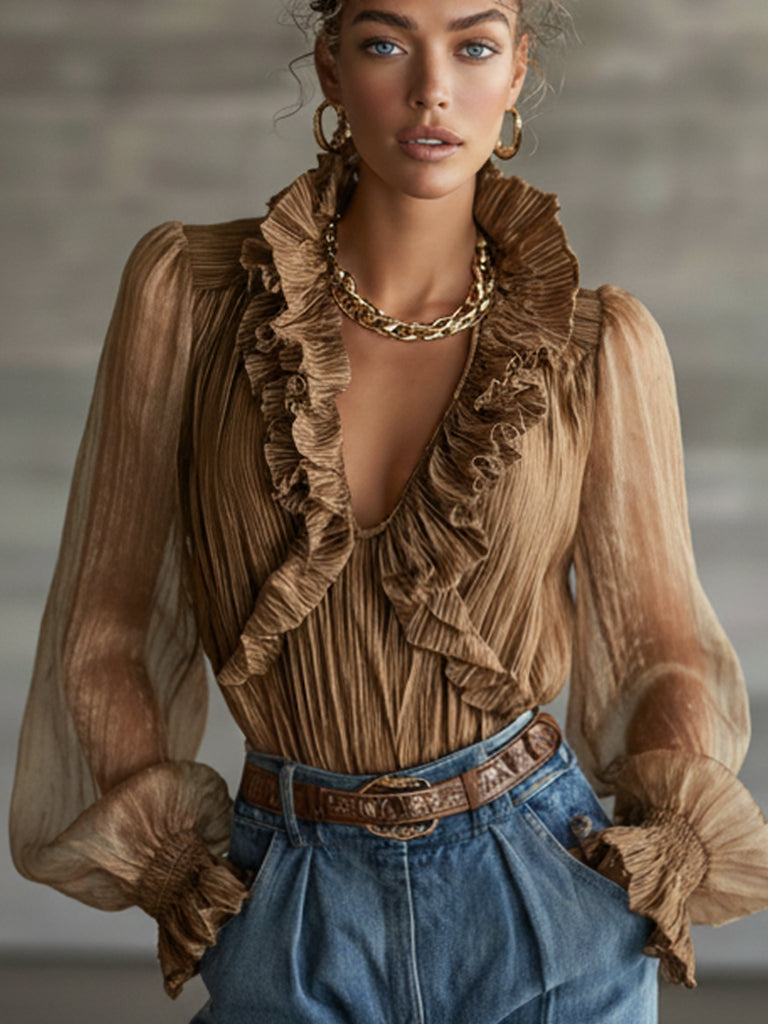 BrownRuffled Chiffon Puff Sleeve Blouse