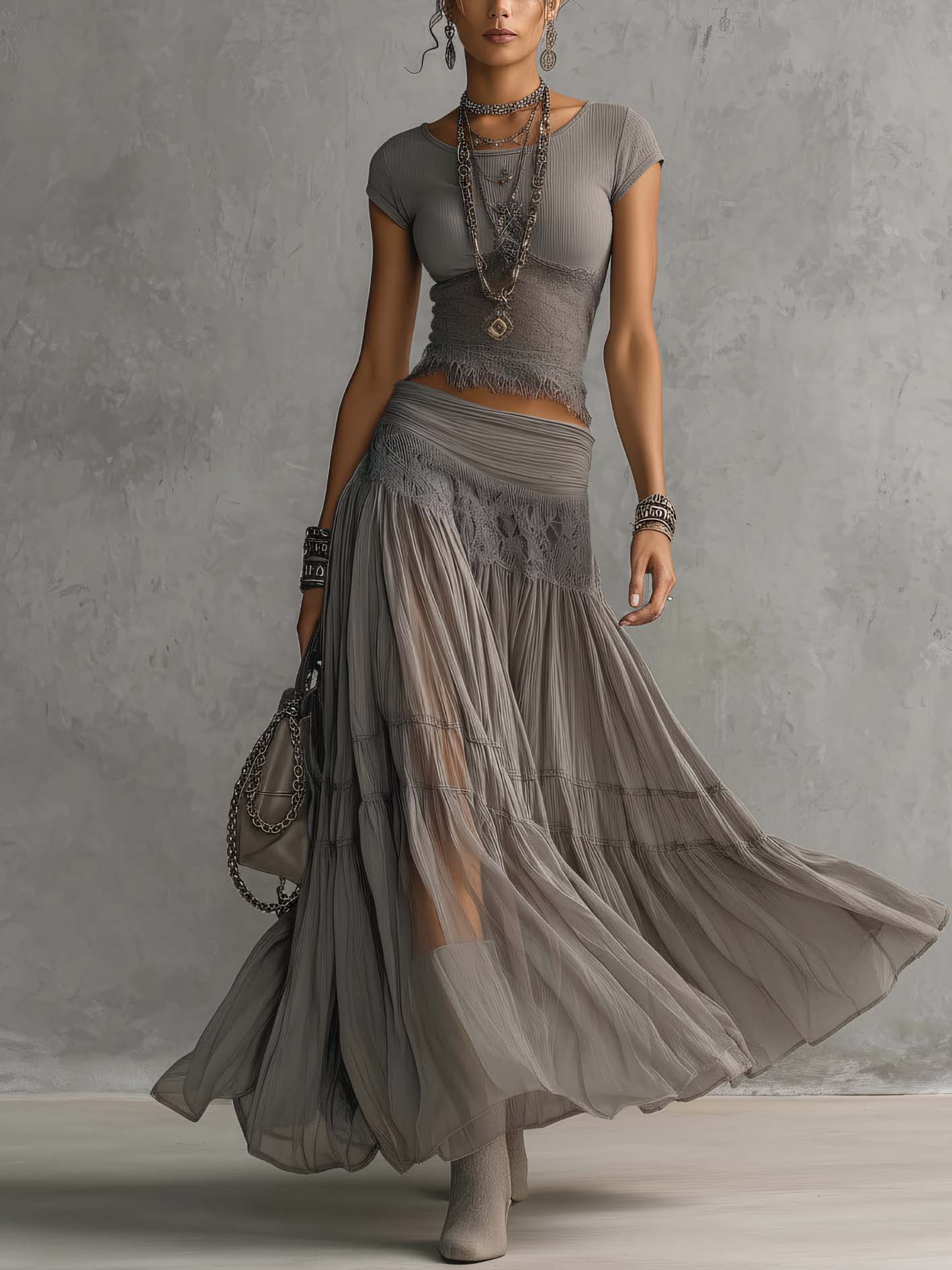 Gray Lace Patchwork Top And Pleated Maxi Skirt Set