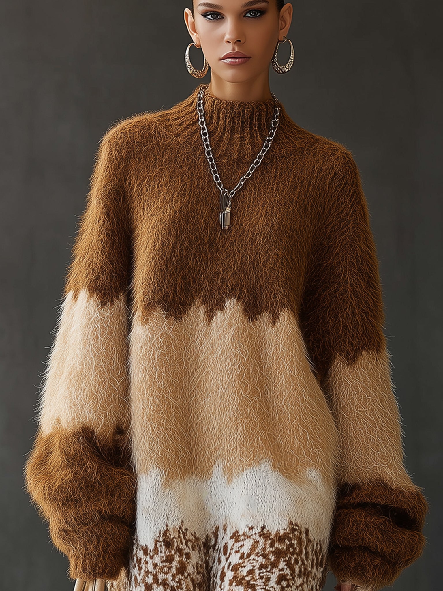 Brown Faux Mink Ombre Knit Long Sleeve Mini Dress