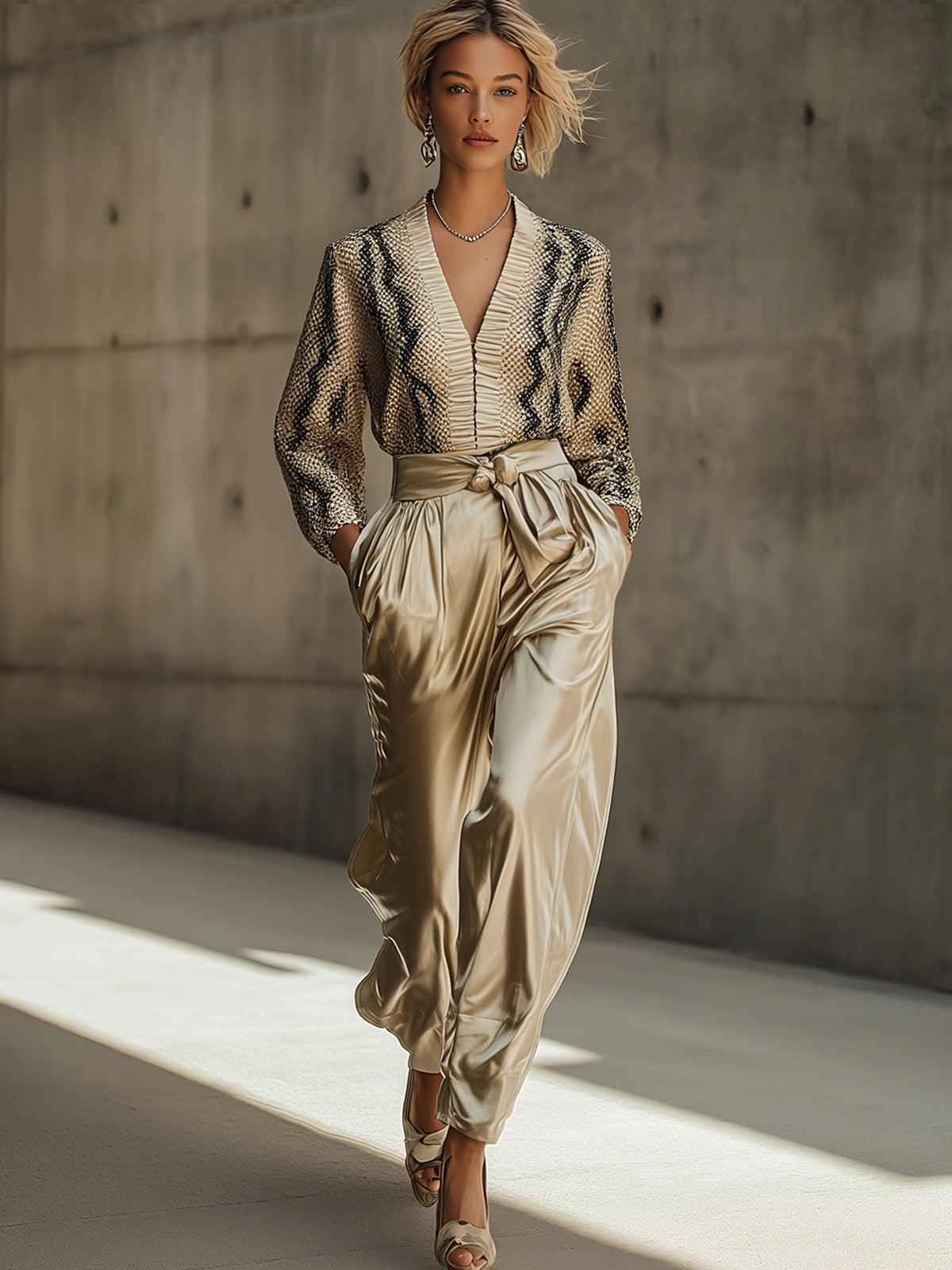 Snakeskin Print Top And Satin Trousers Set