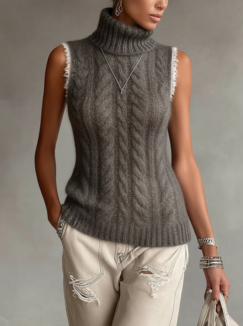 Gray Cable-Knit Sleeveless Turtleneck Sweater