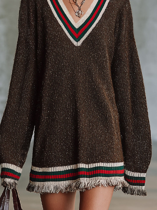 Brown Knit Sweater Dress With Striped Trim And Fringe Hem