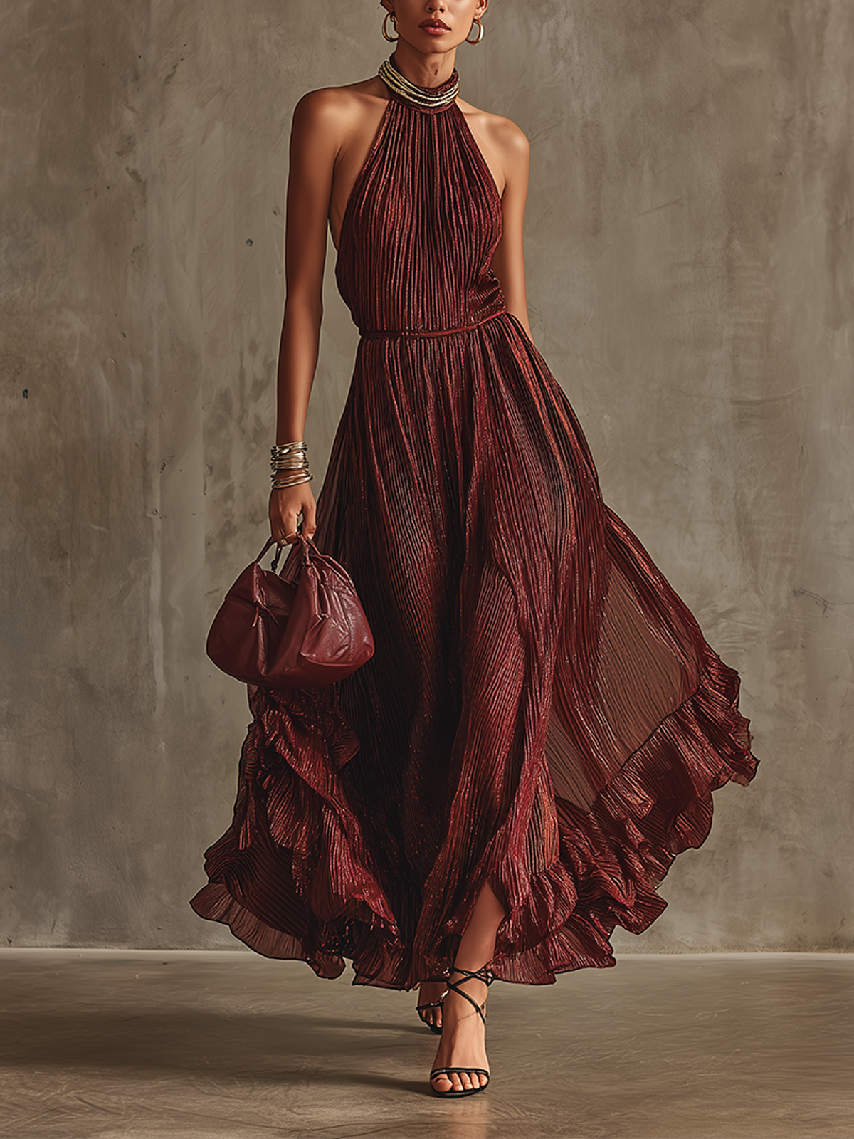 Red Pleated Halter Ruffle Maxi Dress
