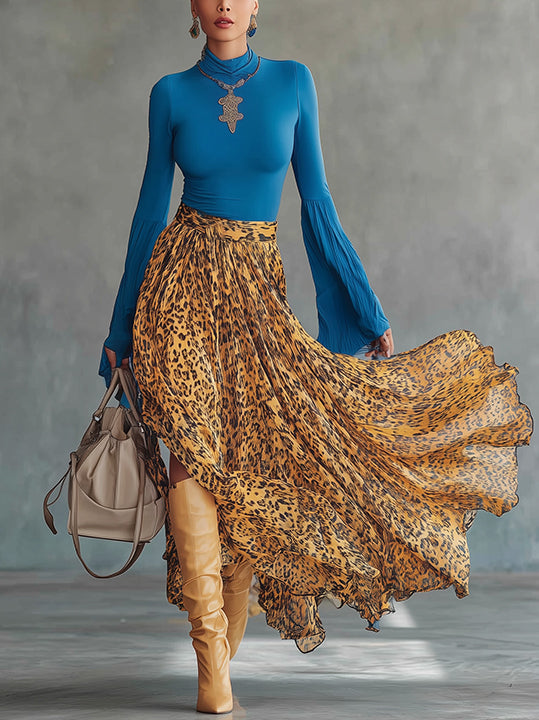 Blue Pleated Bell-Sleeve Golden Leopard Chiffon Maxi Dress