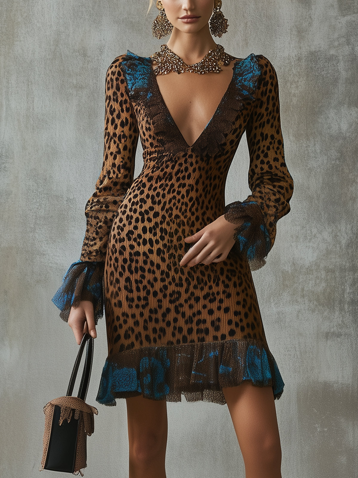 Brown Leopard Lace Trim Deep V-Neck Long Sleeved Ruffled Mini Knit Dress