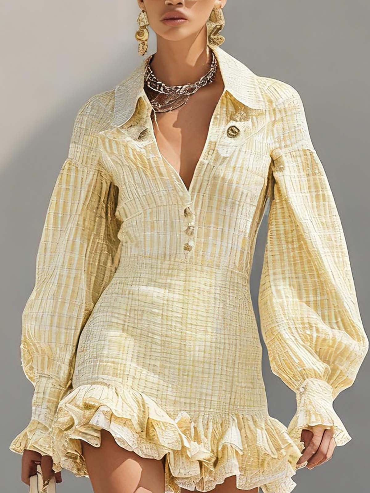 Light Yellow Polyester Puff Sleeve Mini Long Sleeved Dress