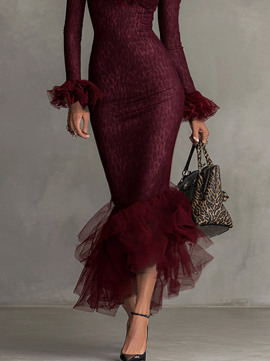 Burgundy Mesh Ruffle Mermaid Midi Dress With Deep V Neck