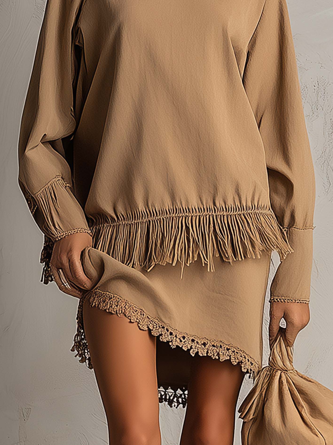 Beige Washed Cotton High Neck Mini Dress With Fringe Patchwork Hem