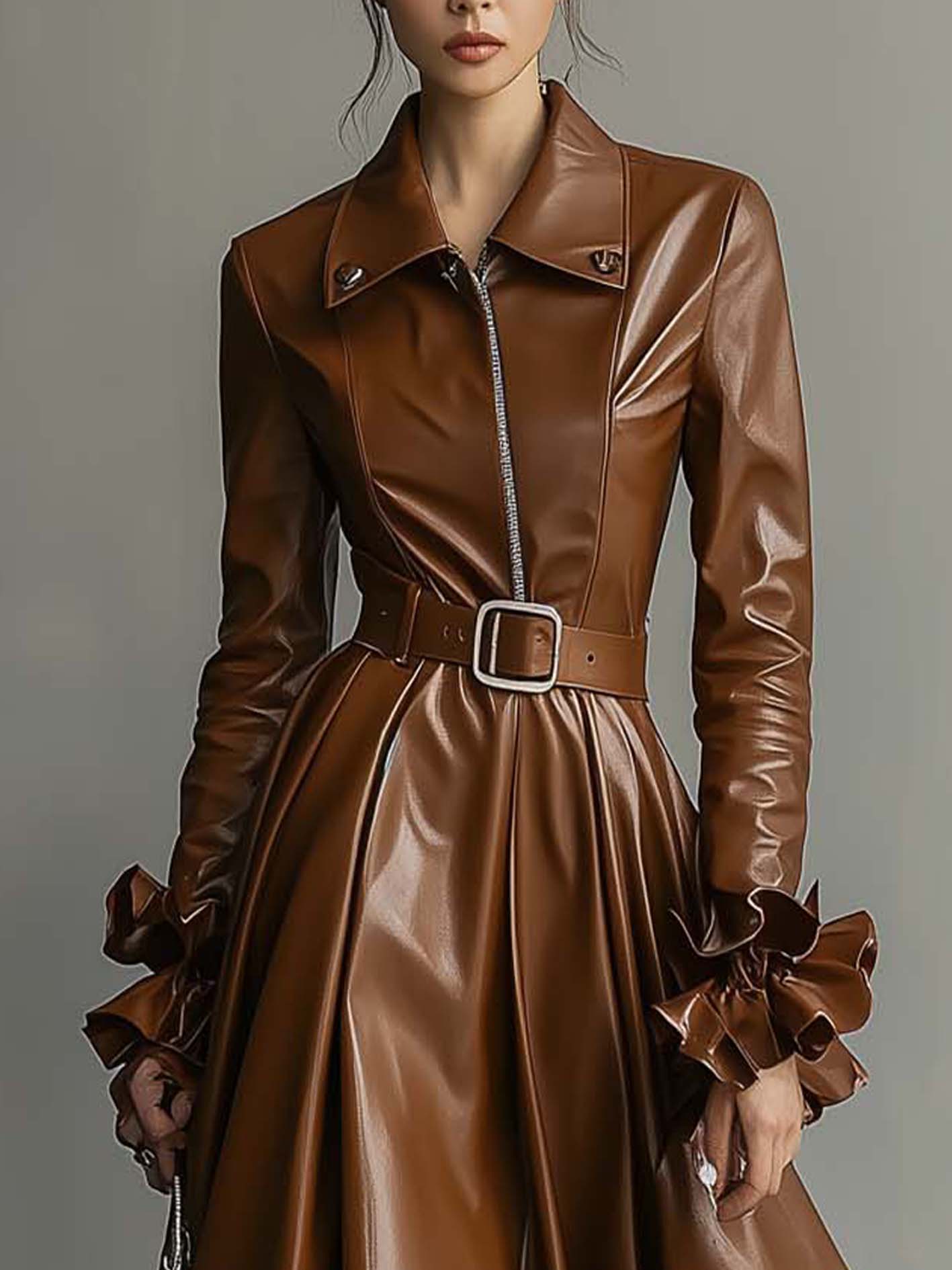 Brown Faux Leather Midi Dress With Lapel And Ruffled Cuffs