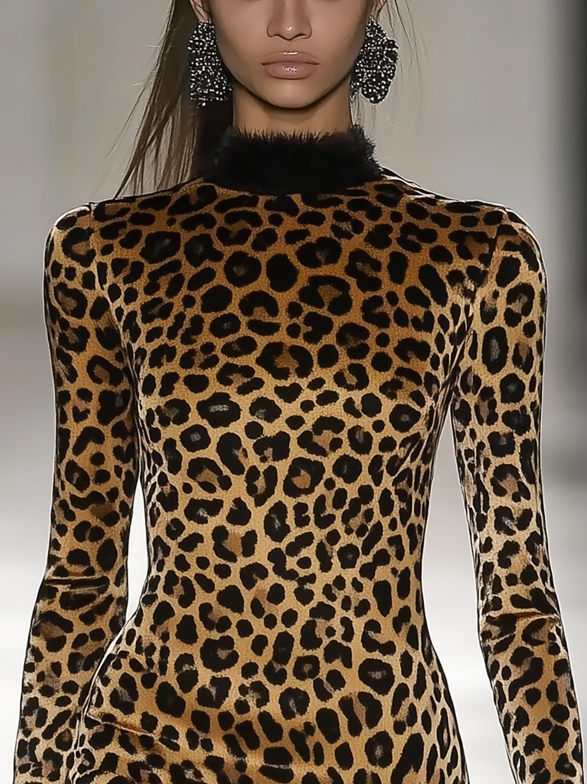 Brown Velvet Leopard Print Faux Fur Trim High Neck Long Sleeve Mini Dress
