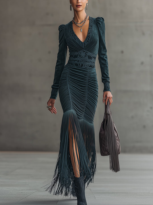 Deep Blue Faux Suede Maxi Dress With Fringe Hem And Embroidery