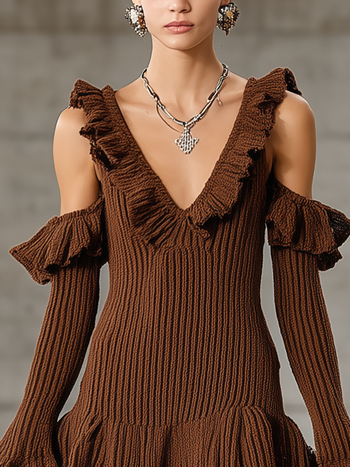 Brown Ruffle Knit Cold-Shoulder Mini Dress