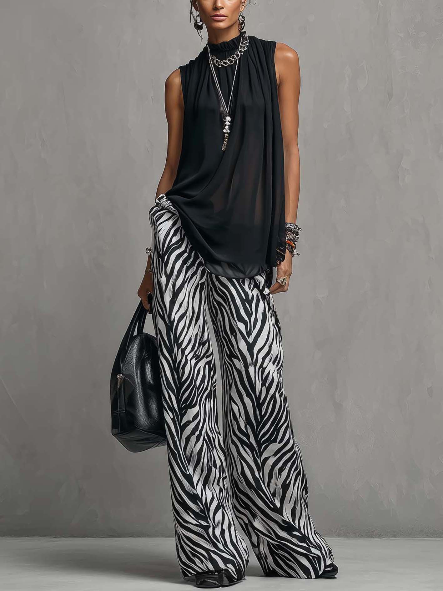 Black Chiffon Sleeveless Top And Zebra Print Wide Leg Pants Set
