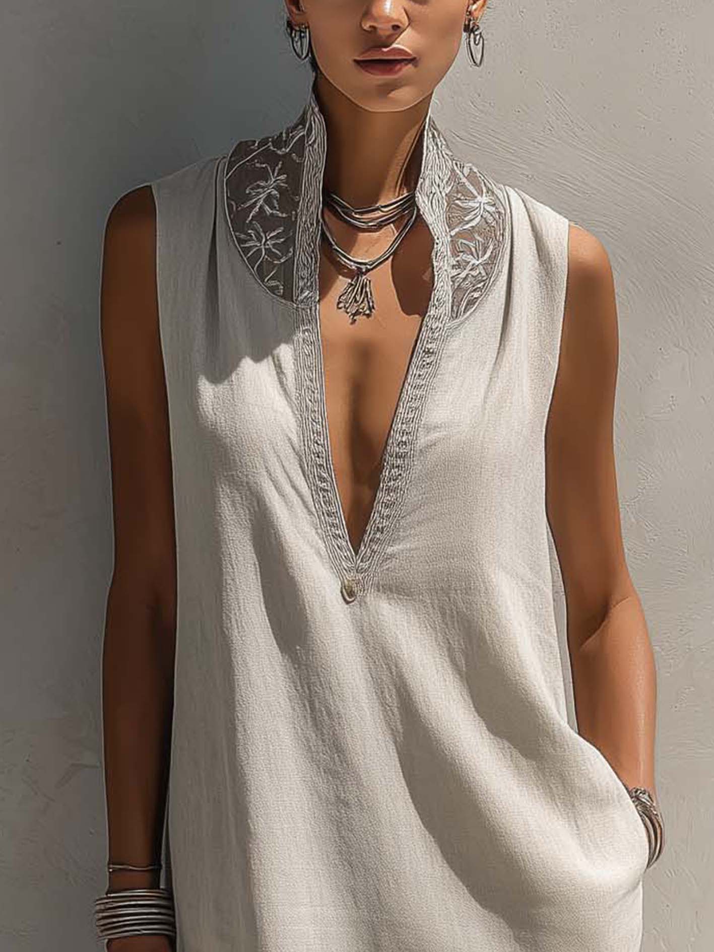 Light Gray Cotton-Linen Mini Dress With Embroidered Organza Collar