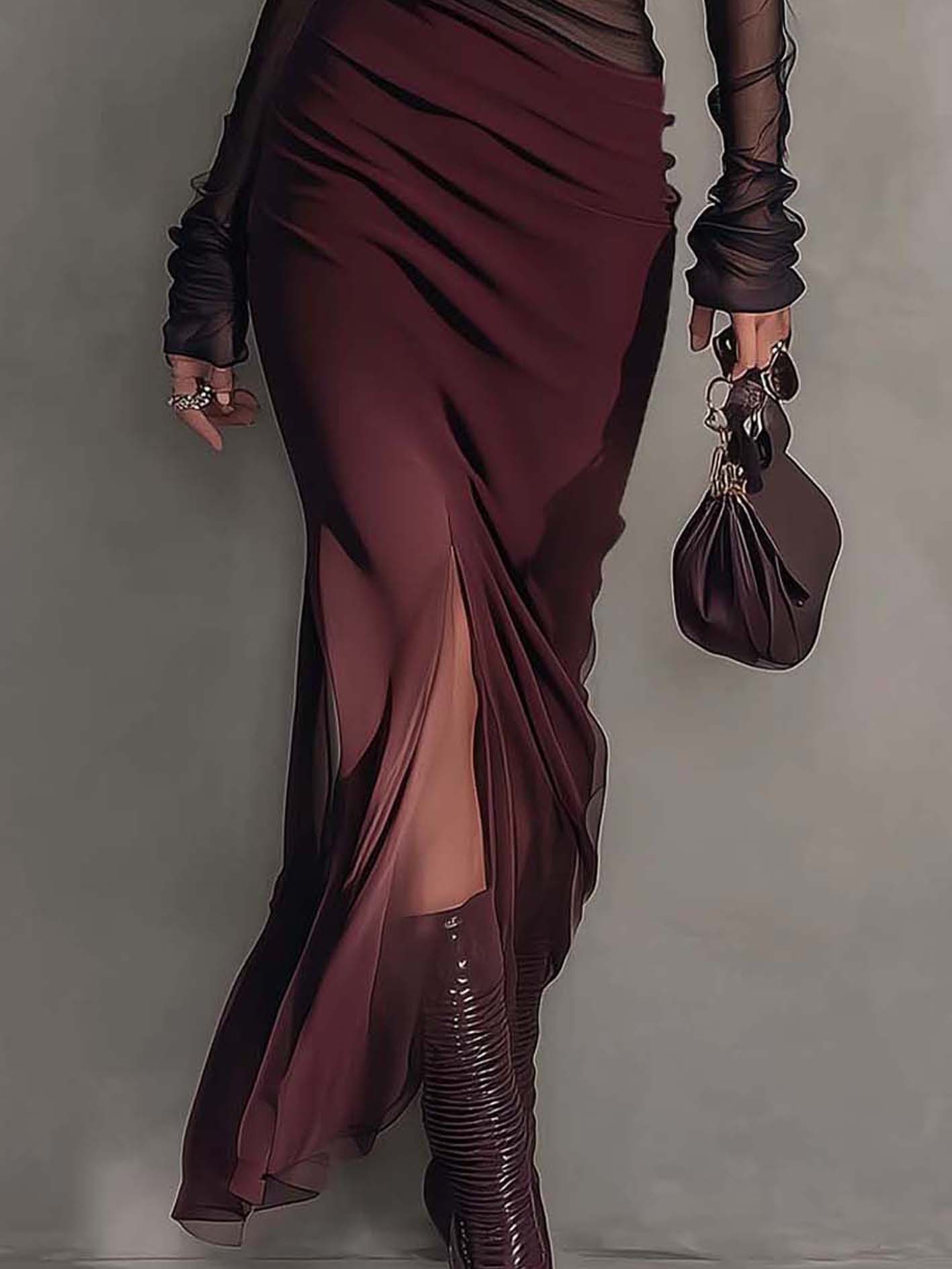 One Shoulder Black Chiffon Patchwork Burgundy Side Slit Bodycon Maxi Dress