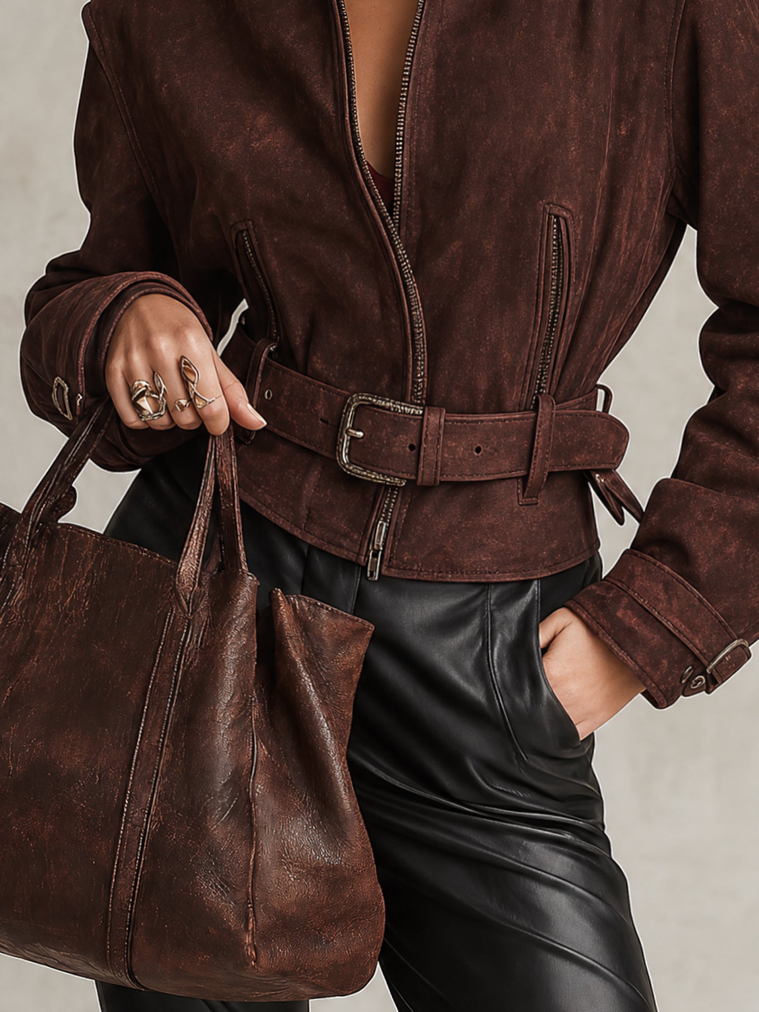 Vintage Burgundy Washed Faux Suede Belted Jacket